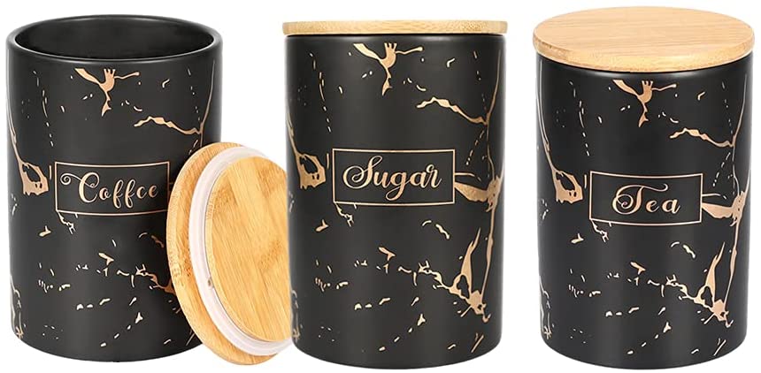 Kitchen Ceramic Food Storage Canister,Airtight Ceramic Containers Jars Sets with Bamboo Lid,for Serving Coffee Bean,Sugar,Flour, Tea, Spice and More,Set of 3(39.83OZ)-Black
