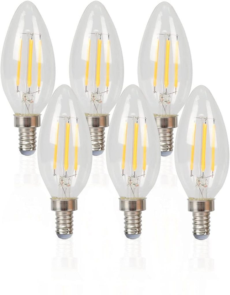 E12 Candelabra LED Light Bulbs Energy Saving Non Dimmable 2700K Warm White 4W Equivalent 40W,Clear LED Filament Candle Bulbs,C35 Type B Light Bulb for Chandelier,500 Lumen,6 Packs