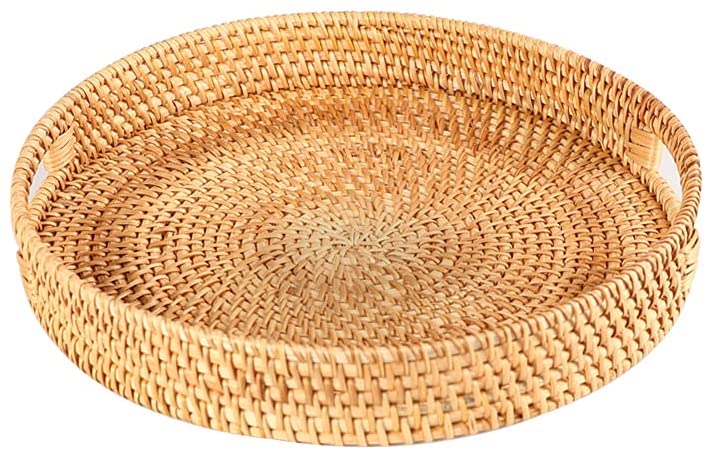 Rattan Round Serving Tray, Rattan Serving Tray with Handles, Handmade Woven Serving Tray Woven Decoration in The Kitchen and Living Room Used to Decorate Storage 13.5 inch