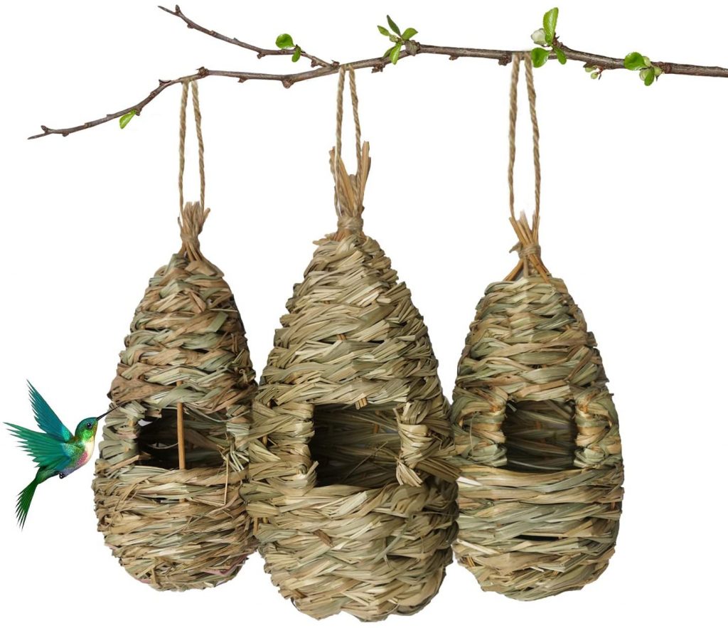 Hummingbird House for Outside for Nesting,Hand Woven Natural Grass Bird Nest,Bird House with Rope for Outdoors Hanging,for Garden Window Tree Home Decor Gardening Gift,for Canary Chickadee,Set of 3