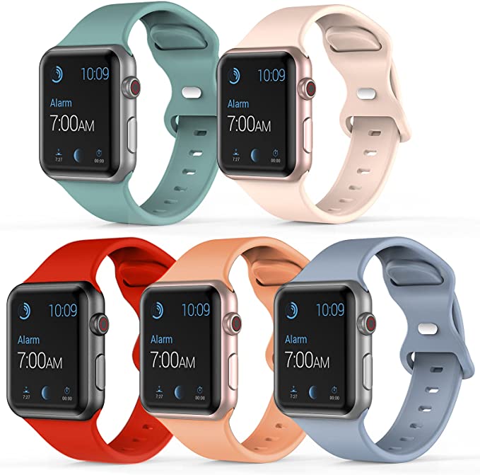 AUSOJOY 5 Pack Bands, Compatible with Apple Watch 38mm 40mm 42mm 44mm, stretchable silicone sport band replacement, compatible with iWatch Series 7 6 5 4 3 2 1 SE