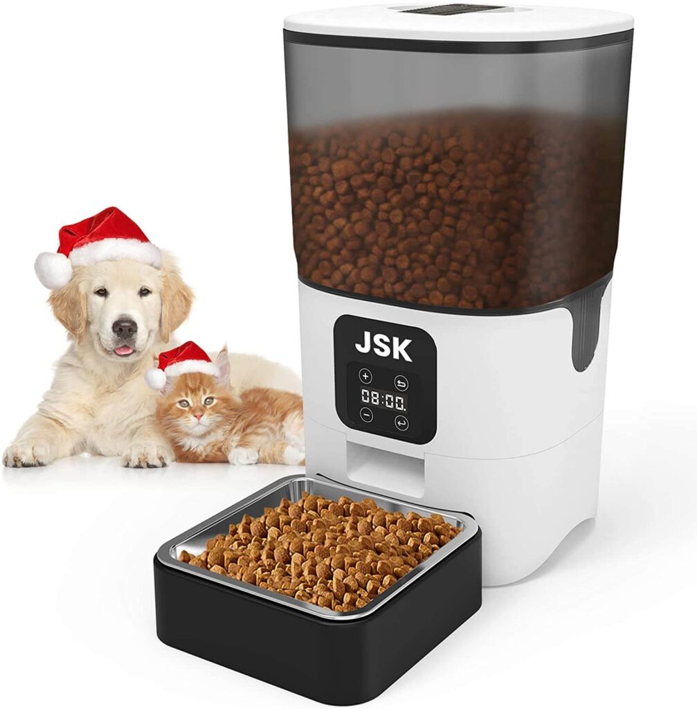 JSK Automatic Pet Feeders, 6L Timed Feeder Dry Food Dispenser with Stainless Steel Bowl & Double Lock Lid, 10s Voice Recorder for Small/Medium Pets
